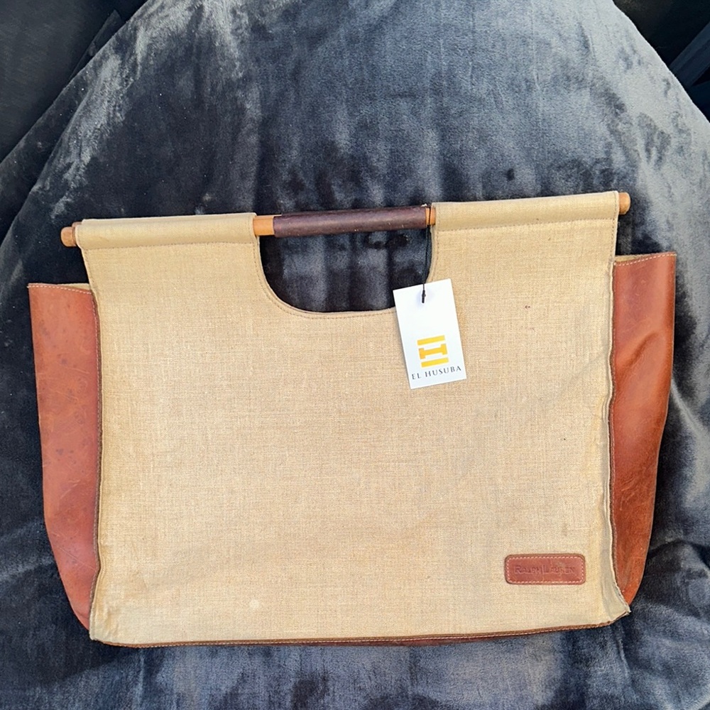 Ralph Lauren beige canvas and brown leather wooden handle tote Bag
